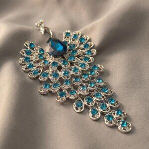 Peacock Brooch Blue Rhinestone Articulated Tail Convertible Pendant 5"